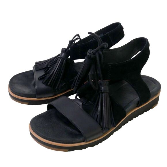 UGG Maryssa BLACK GENUINE LEATHER SUEDE TASSELS FLAT GLADIATOR SLINGBACK Sz 5 US - Picture 4 of 8